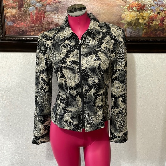 Joseph Ribkoff Blouse Veston Jacket 8 Sequins Shoulder Pads Full Zip Black Cream - Picture 1 of 9